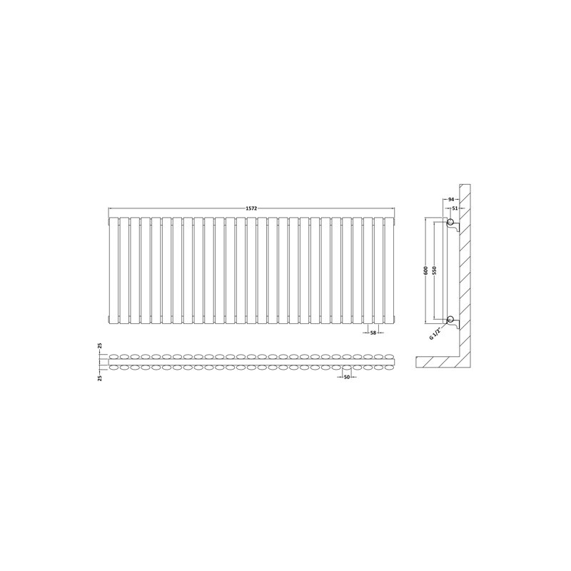 Revive Horizontal Designer Radiator, 60cm H x 157.2cm W x 7.8cm D, White