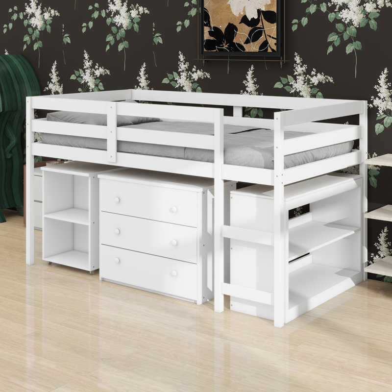 Lit mezzanine bas avec armoire de rangement et bureau portatif à roulettes, White