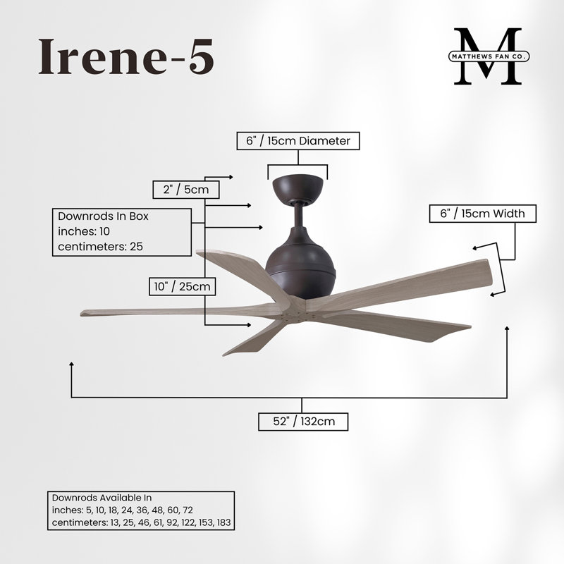 52" Irene 5-Blade Ceiling Fan with Wall Remote, Gray Wash, Textured Bronze, 52"