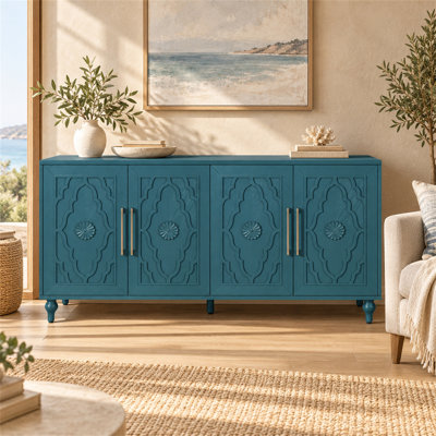 63" Sideboard with Carved Flower Doors, Wide Storage Console for Living Room