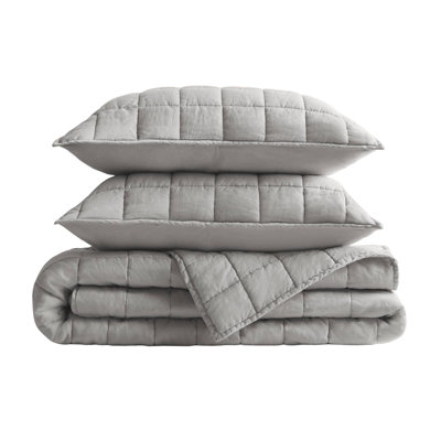 Breathable 3-piece Linen Bedding Sets, French Garment Washed Quilt, Gray