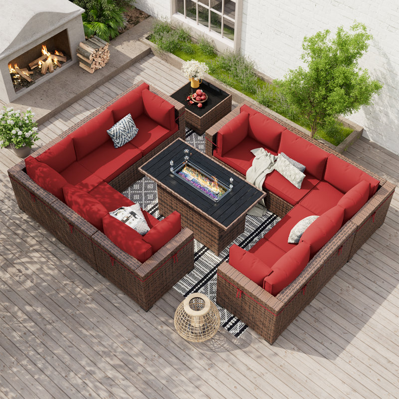 Babak Rattan Sectional Conversation Sets With Fire Pit Table, Coffee Table, Burgundy, 10