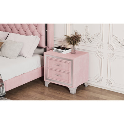 Table de chevet pour chambre à coucher avec 2 compartiments - velours rose, pieds en métal, table de chevet rétro Mid-Century 2 tiroirs, idée