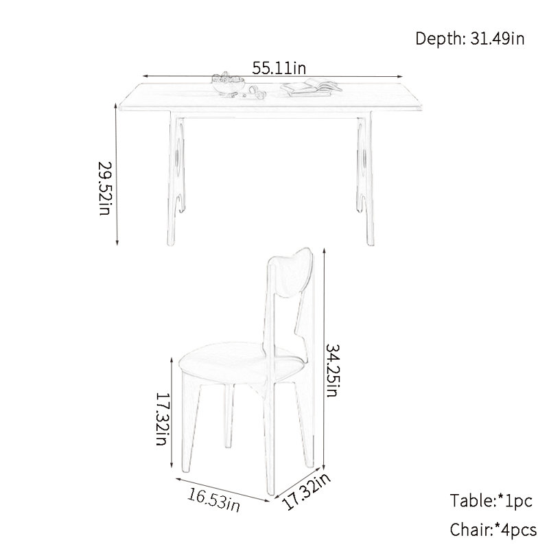 Retro living room Home rectangular dining table sets, 29.52"H x 55.11"L x 31.49"W