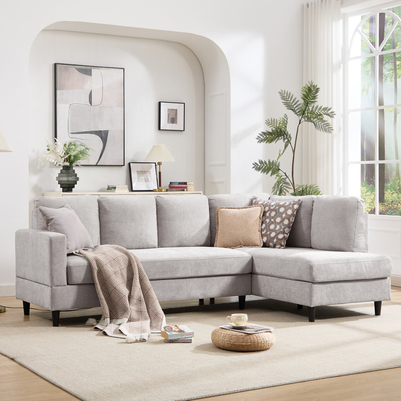 95" Upholstered L Shaped Sofa Modern Sectional, Light Gray Chenille