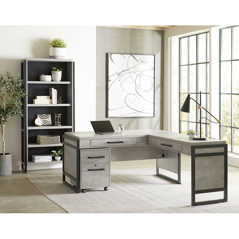 Triche L-Shaped Desk with Built-in Outlets, Gray/Black