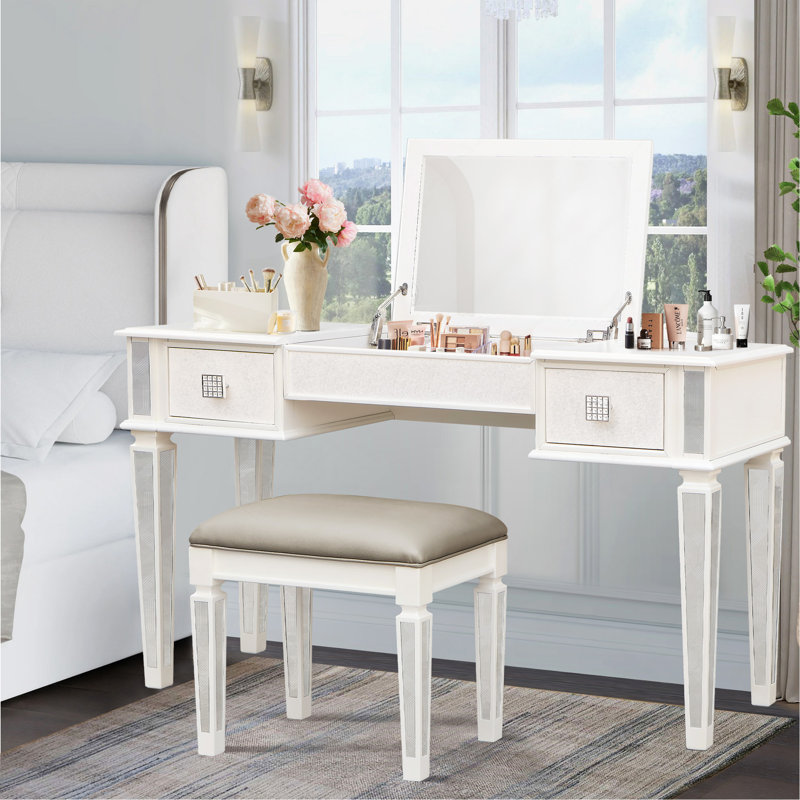 Bureau de coiffeuse en miroir avec tiroirs, ensemble de coiffeuse de chambre à coucher avec miroir et tabouret, coiffeuse rabattable pour chambre / salle de maquillage, bureau de travail pour femmes