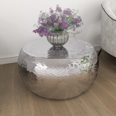 Beardall Silver Aluminum Metal Drum Shaped Living Room Coffee Table with Hammered Design