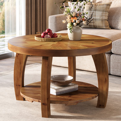 31.5" Solid Wood Round Coffee Table with Storage, 2-tier Centre Table with Mosaic Pattern, Easy Assembly