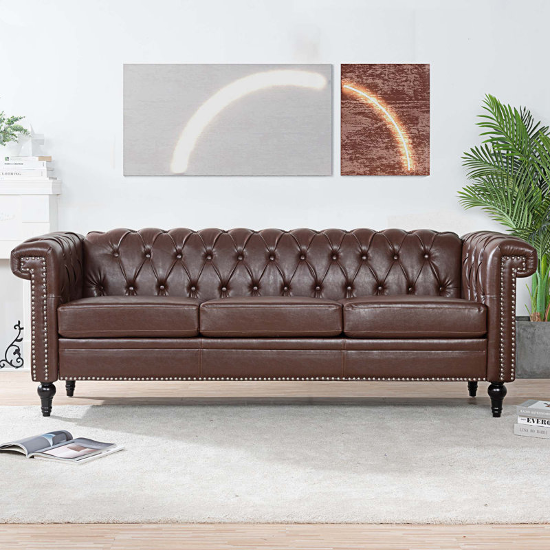 Canapé Chesterfield à accoudoirs roulés 83,5 po Avrian, Similicuir brun foncé