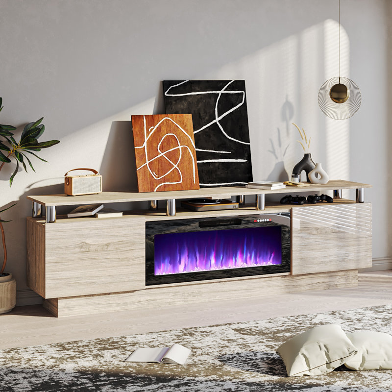 Meuble télé avec foyer électrique Alazik, Gris/argent, Noir, 24”H x 14”L x 80”W