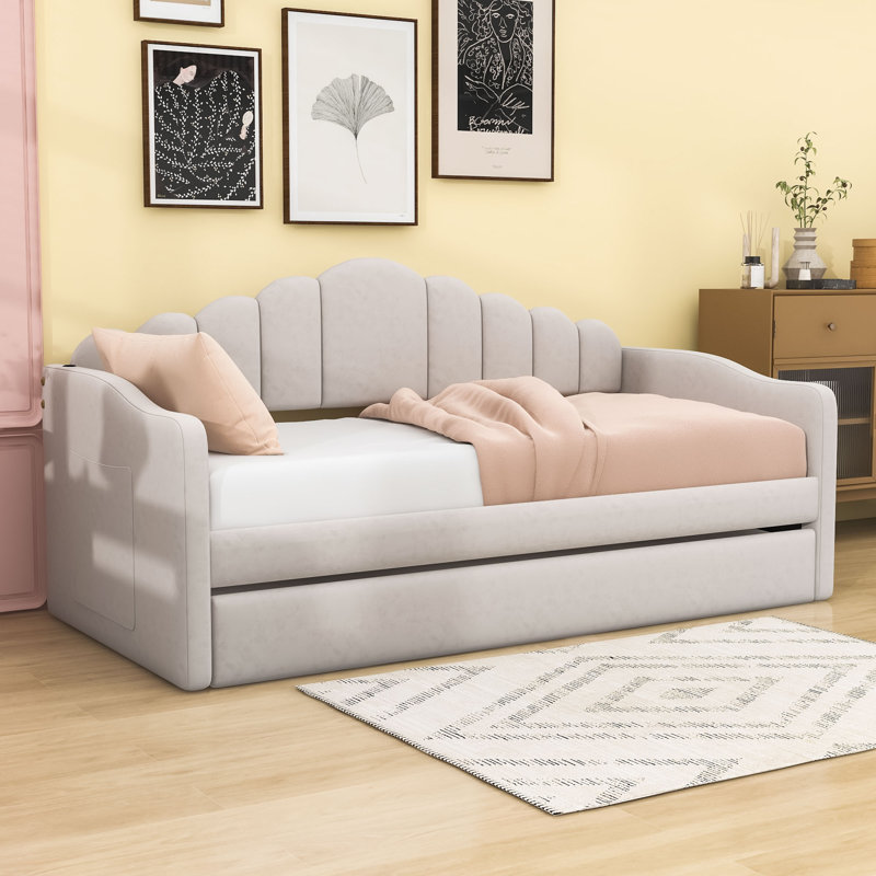 Lit de jour simple en velours avec ports de charge USB et lit gigogne simple coulissant, Beige