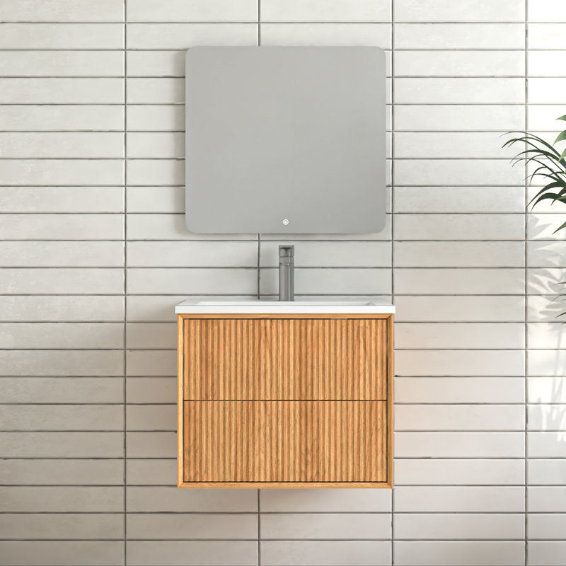 Ensemble de meuble-lavabo flottant 24 po, armoire de salle de bain murale en bois massif avec 2 tiroirs de rangement, lavabo intégré en résine blanche