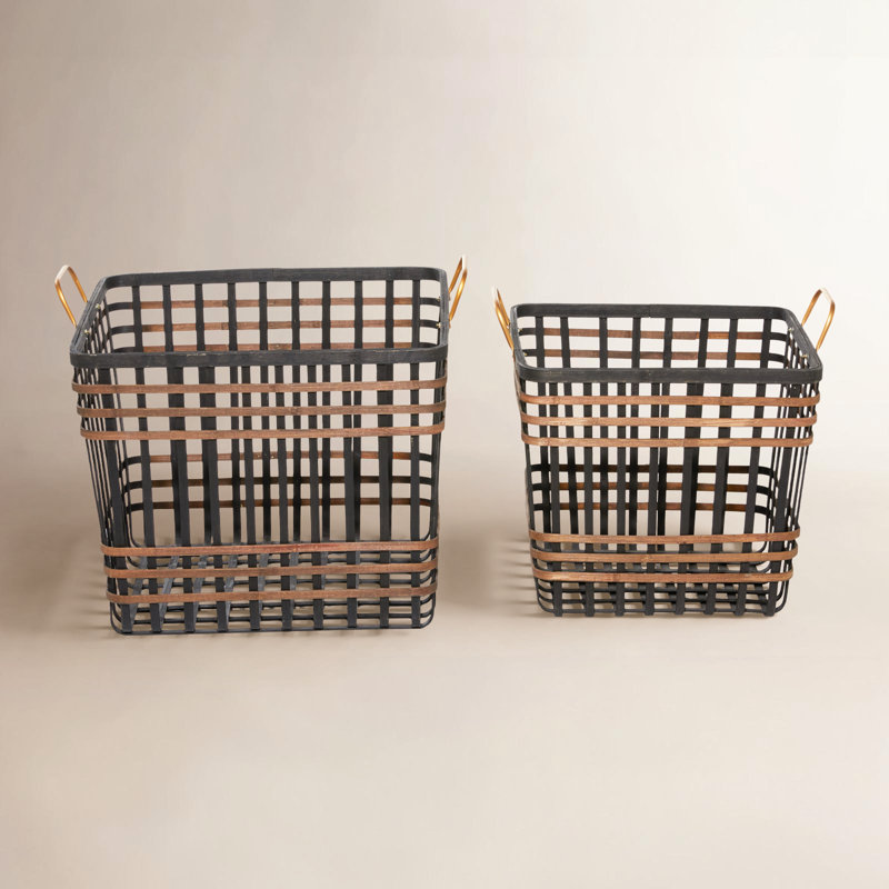 Black Bamboo Wood Open Frame Square Storage Basket with Brown Accents, Set of 2