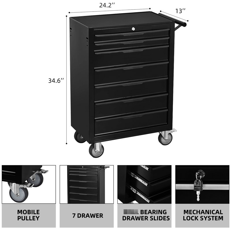 Armoire 7 outils à roulettes - Contenant en métal pour le garage, atelier de rangement noir, garage
