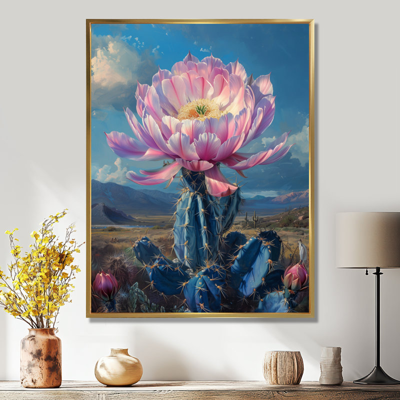 Rose rose, fleur bleue, cactus Grace IV - cactus floral, Toile avec cadre flottant or, H 20 po x l 12 po x P 1 po