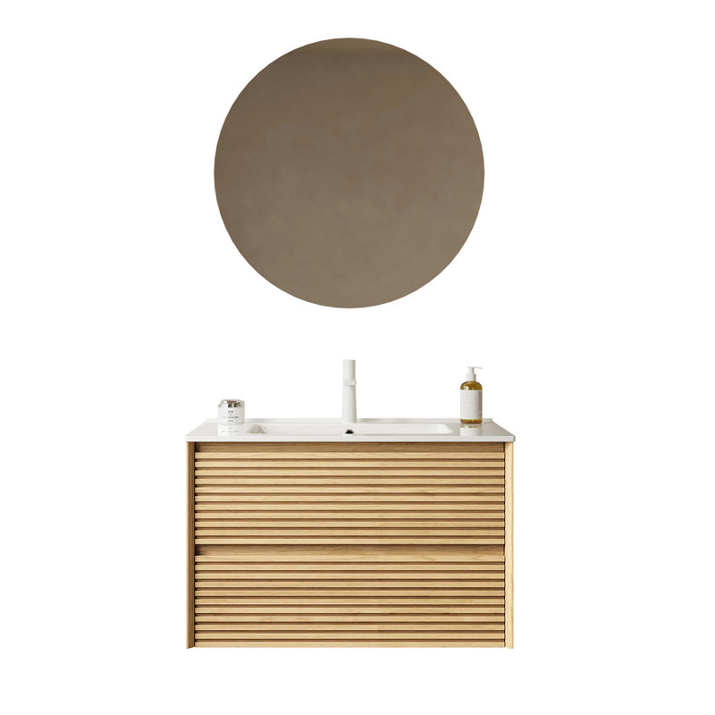 Meuble-lavabo mural de 30 po avec lavabo, armoire de rangement murale en contreplaqué flottant avec tiroirs en céramique, pré-assemblé