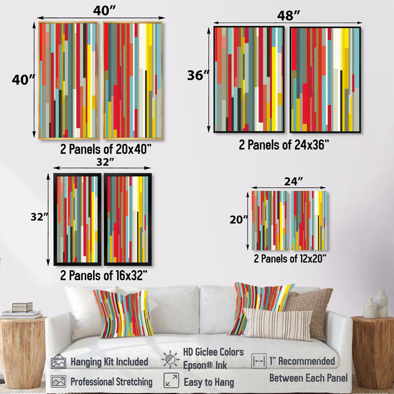 «Red Yellow Colorful Abstract Shadow Lines - Art géométrique sur toile, art mural moderne rouge 2 pièces, H 20 po x l 24 po