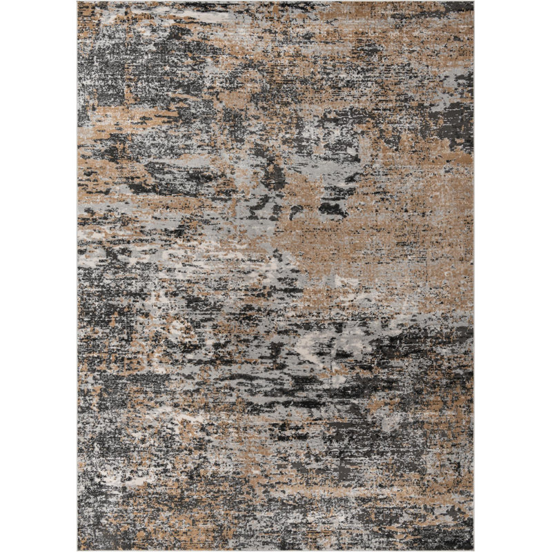 Tapis abstrait en polypropylène tissé à la machine Highdell en brun / noir / blanc, Rectangle 10 pi x 14 pi 1 po