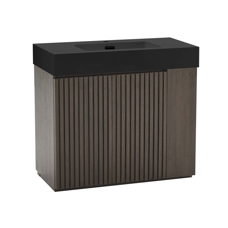 Meuble-lavabo sur pied en chêne fumé de 36 po avec évier, grand meuble-lavabo autoportant pour salle de bain moderne, lavabo une pièce à surface solide noire sans drain ni robinet, KD