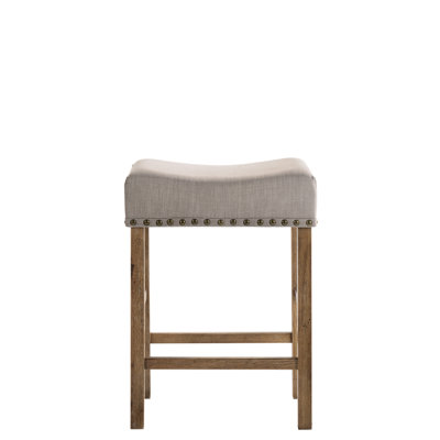 Paire de tabourets à hauteur de comptoir en lin brun clair et chêne vieilli Ii, tabourets sans dossier sans accoudoirs Kd avec siège fixe à hauteur de salle à manger standard, garniture cloutée rembourrée, siège à tablier en bois, carré