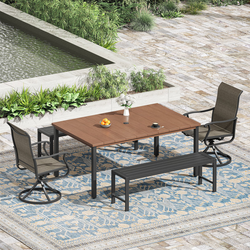 Ensemble repas rectangulaire pour l'extérieur avec banc et chaise pivotante, Brun, Brun