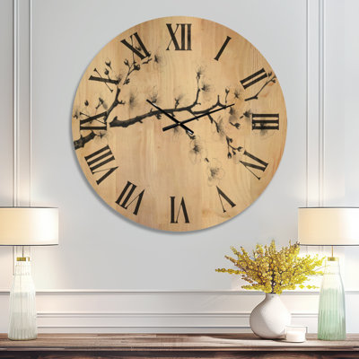 Horloge murale surdimensionnée Ink Bloom Branch - Japandi, imprimée sur bois