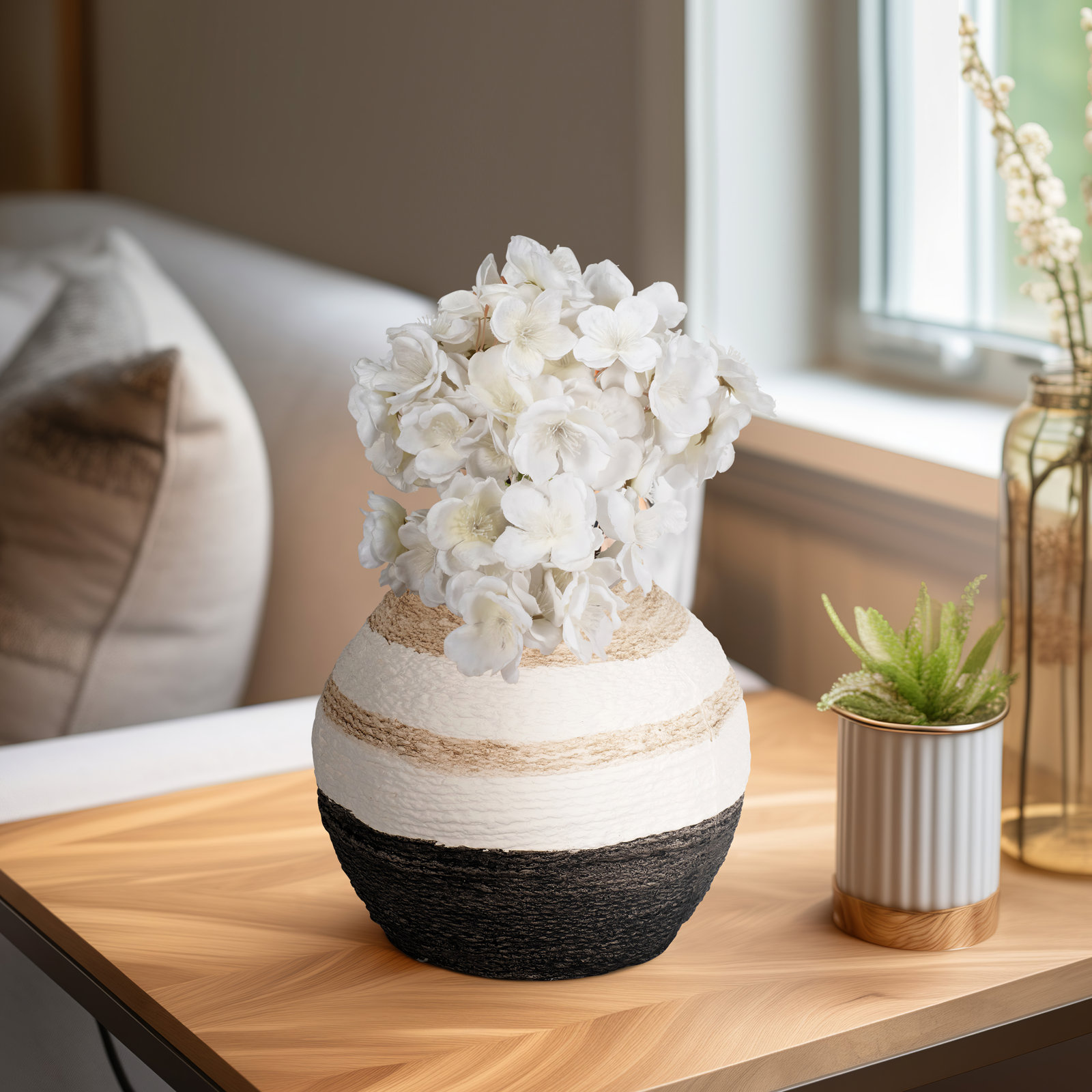 Naylor Ceramic / Porcelain Table Vase, 7" H x 7" W x 7" D, Tan/Ivory/Black