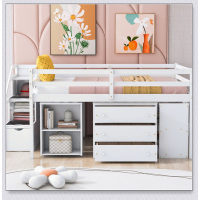 Loft Bed With Retractable Writing Desk And Drawerswooden Loft Bed With Storage Stairs And Shelves