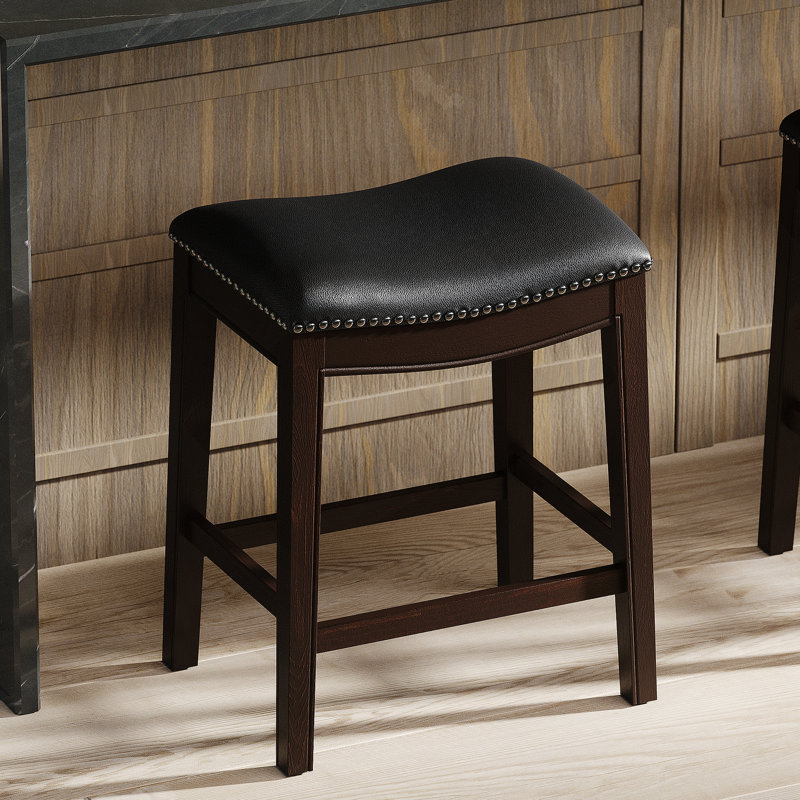 26 po Tabouret de bar H à hauteur de comptoir en bois avec siège en similicuir noir, 1 pièce, Noir