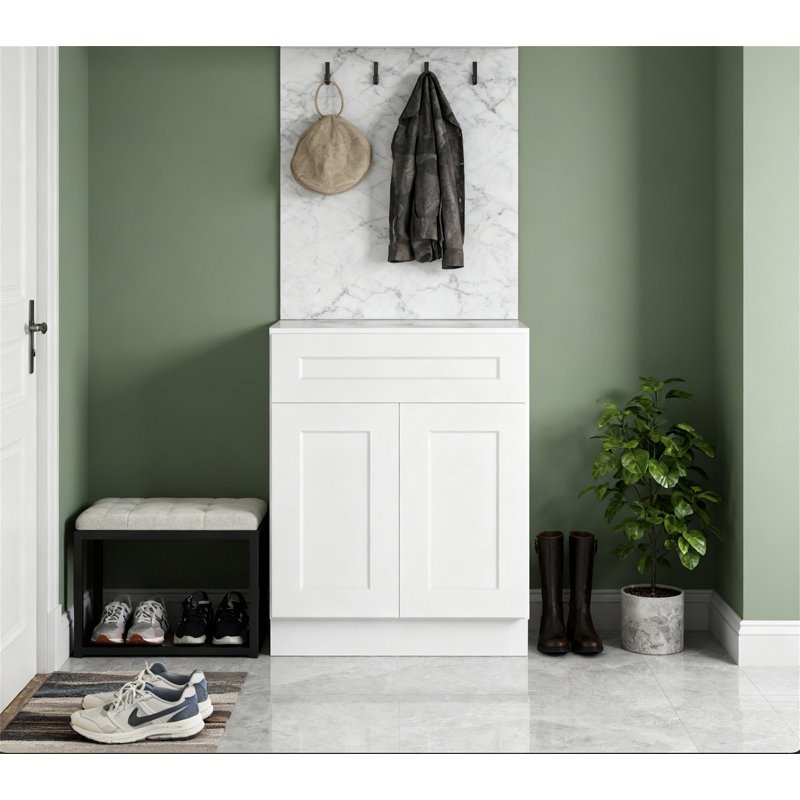 Armoire de base blanche 27 po avec tiroir double à fermeture en douceur et tablette réglable en bois massif prête à assembler pour la cuisine, la salle de bain et le garage (l 27 po x P 24 po x H 34,5 po)