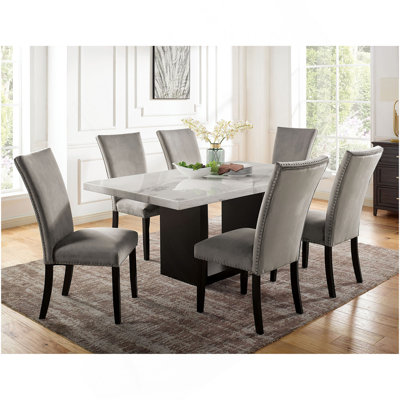 Gorgeous Marble Top Table W 6X Side Chairs Light Gray Flannelette Upholstered Chair Dining Room 7Pc Set Wooden Furniture