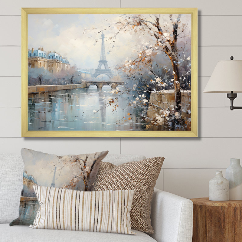 Hiver Paris, Tour Eiffel, charme de ville I - Paris, art mural, Cadre doré à coins fermés, H 16 po x l 32 po x P 1 po