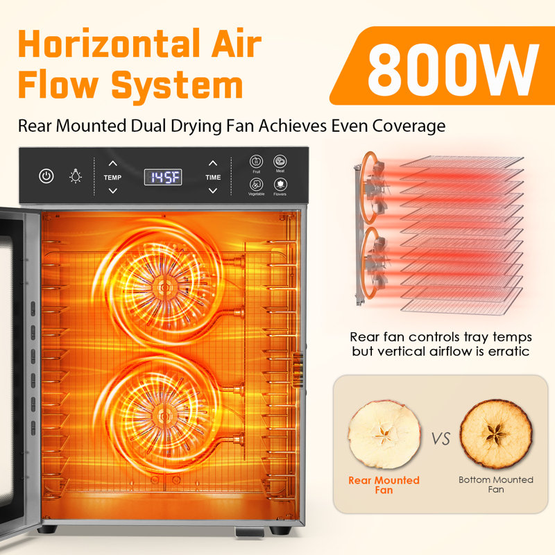 12-Tray Stainless Steel Food Dehydrator, 800W Dual Fan, Digital Timer & Temperature Control, Large Capacity Dehydrator With Glass Door For Jerky, Fruit, Herbs & Pet Treats