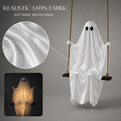 Décorations d'Halloween 2026 : fantôme suspendu de 1,5 m avec lumières DEL blanc chaud, idéal pour décorer votre porche, jardin, arbre, terrasse ou fête.