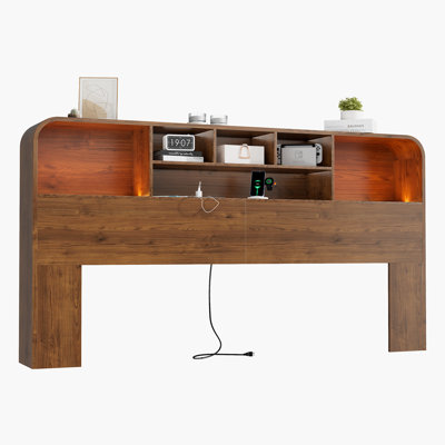 Curved-Edge Bookcase Headboard with Built-In Charging Station & Adjustable LED Lighting, King