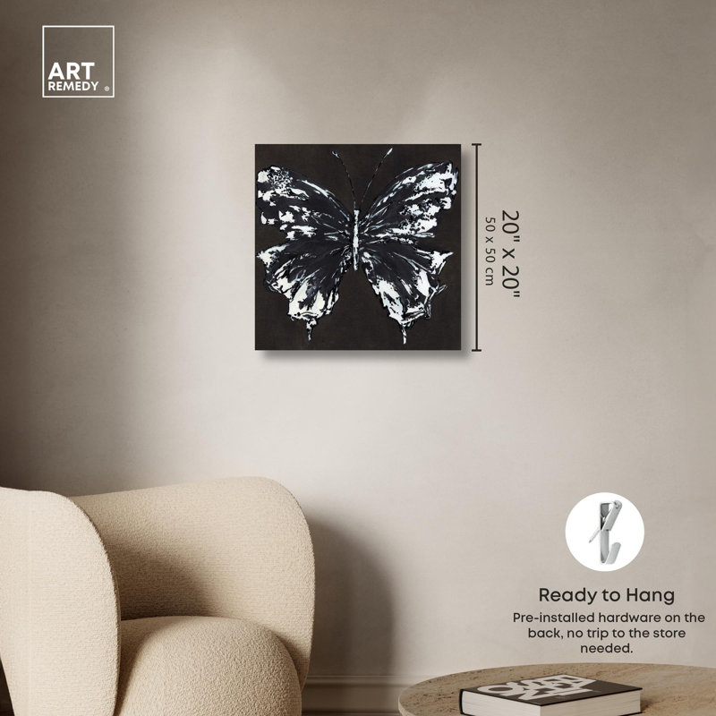 «Black and White Butterfly», reproduction d'art sur toile par Art Remedy, H 20 po x l 20 po, Toile tendue