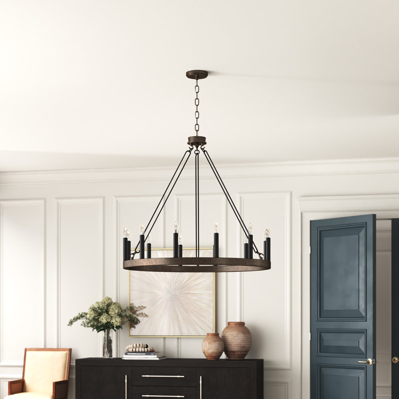 Debbra 12 - Light Candle Style Steel Chandelier Dimmable Wagon Wheel Chandelier, Weathered Walnut/Antique Zinc