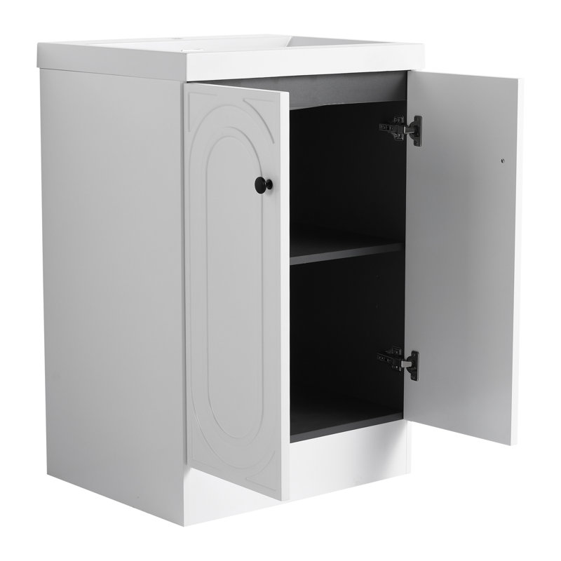 Armoire de salle de bain moderne avec lavabo en résine blanche, porte à fermeture douce et poignées en métal - 24 charnières, modèle autoportant 24 po