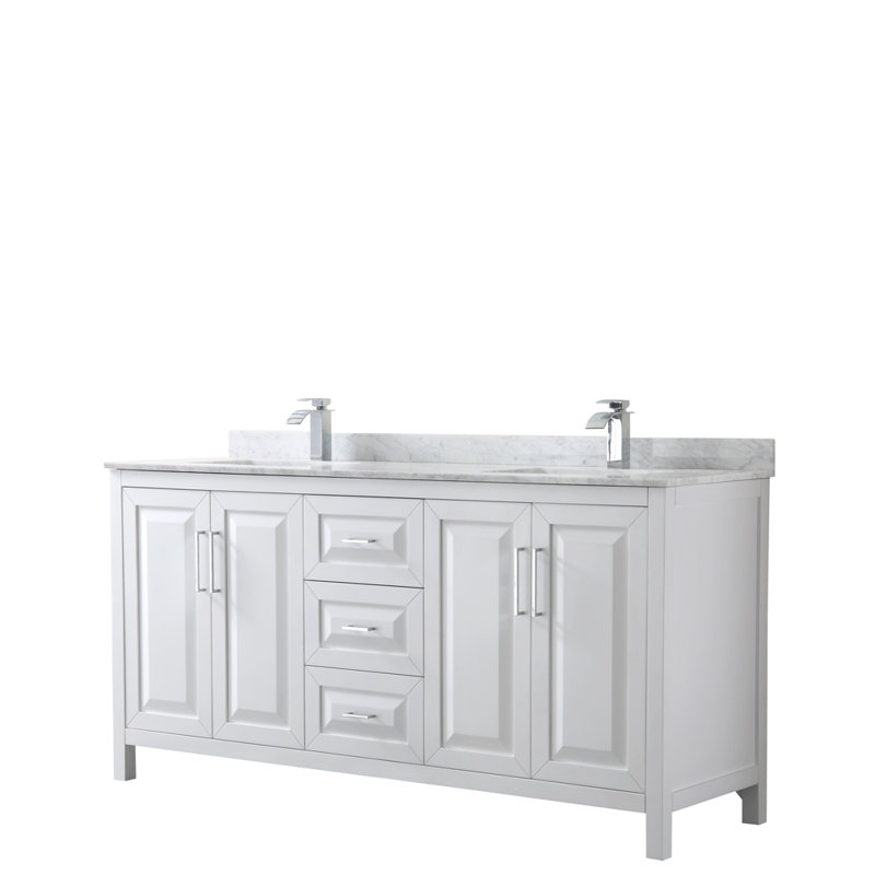 Elegant 72'' White Double Freestanding Vanity with Carrara Marble Top