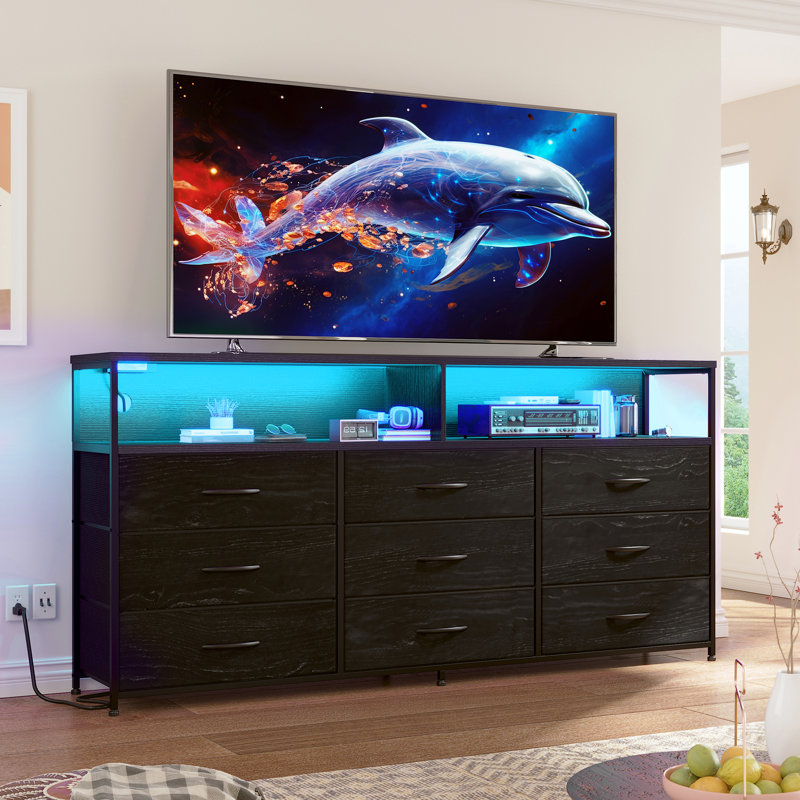 Meuble télé 55 po avec commode de rangement moderne, charge USB intégrée, éclairage DEL, Noir