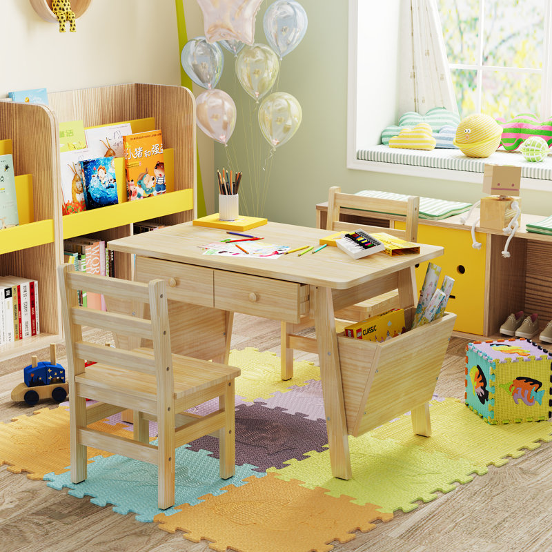 Ensemble bureau et chaises 100 % bois massif (2 pièces), bureau avec 2 tiroirs et rangement latéral pour devoirs et activités artistiques, ensemble table et chaises en bois naturel pour chambre et maison - Bureaux bohèmes