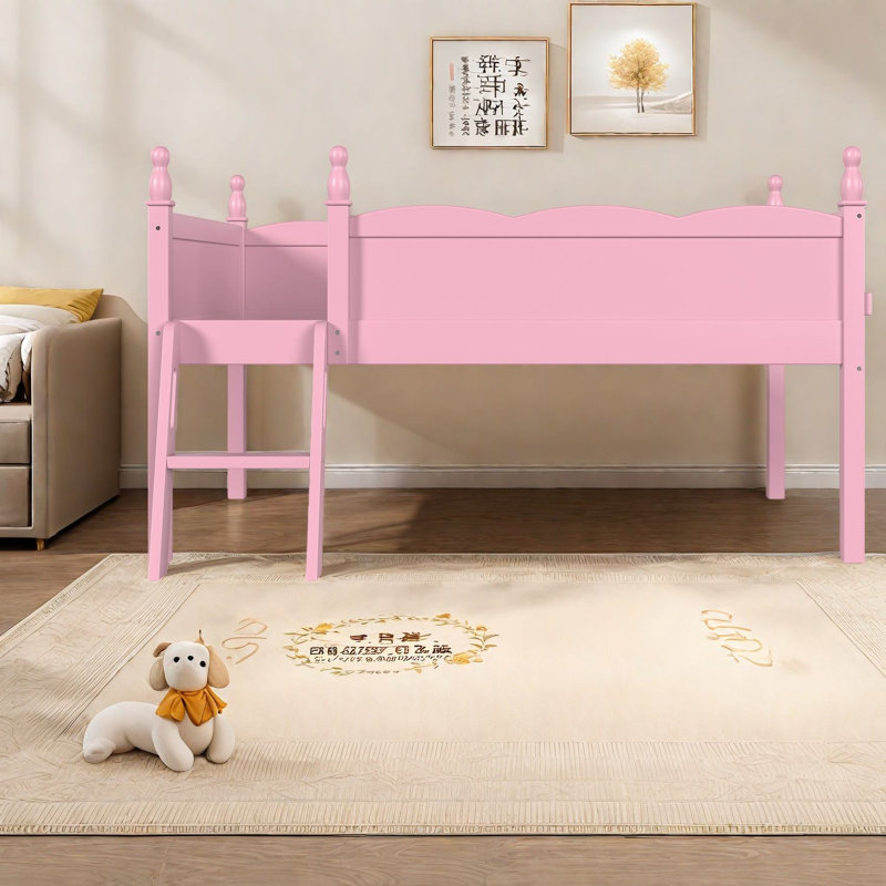 Lit mezzanine simple peu encombrant, rangement moderne en bois aggloméré rose pour chambre d'enfant