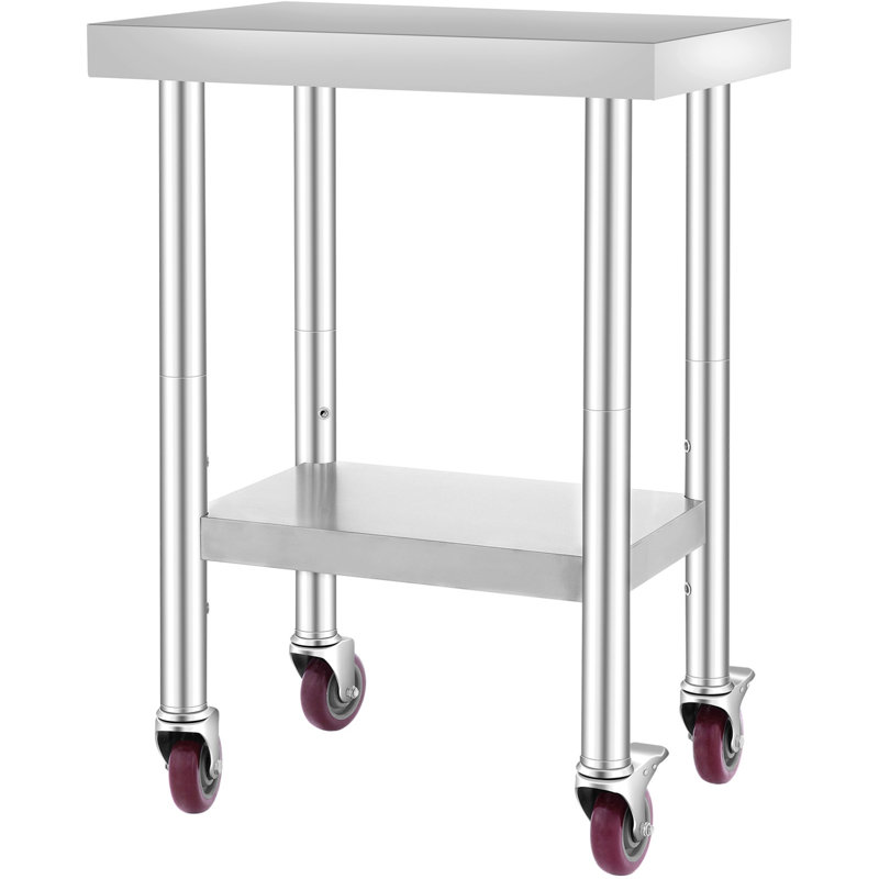 Table de travail 24 po x 18 po x 34 po en acier inoxydable avec tablette réglable à 3 niveaux et 4 roues