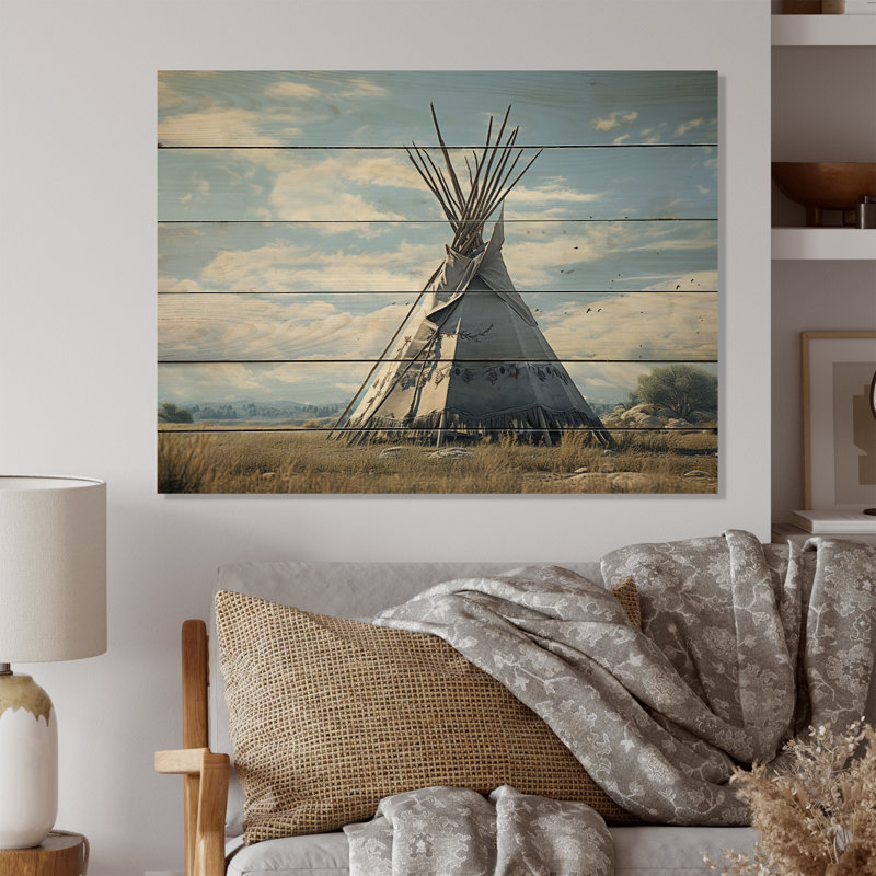 Tipi blanc blanc bleu spirituel - impression sans cadre sur bois, H 10 po x l 20 po x P 0,78 po