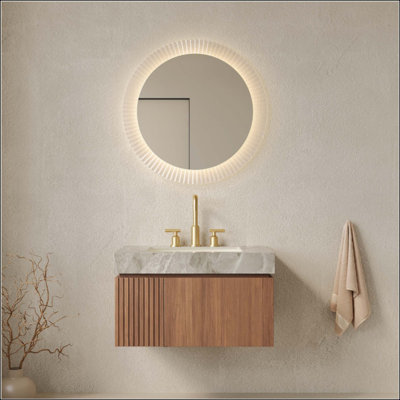 Meuble-lavabo de salle de bain, armoire de rangement en contreplaqué flottant avec tiroir et porte, plateau en pierre frittée et lavabo en céramique avec 3 trous de robinet pré-percés, pré-assemblé