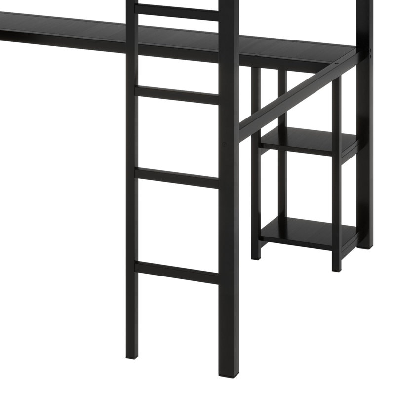 Structure de lit mezzanine avec garde-robe, bureau et tablettes de rangement, Noir, Double
