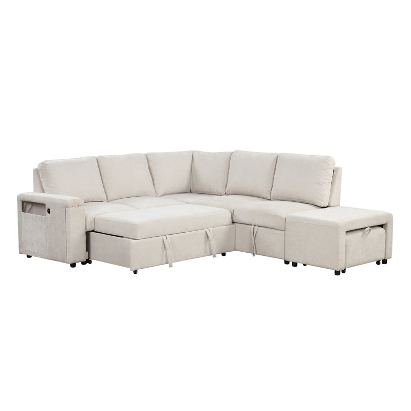 L-Shaped Padded Modular Sofa With Storage Space, Beige Polyester