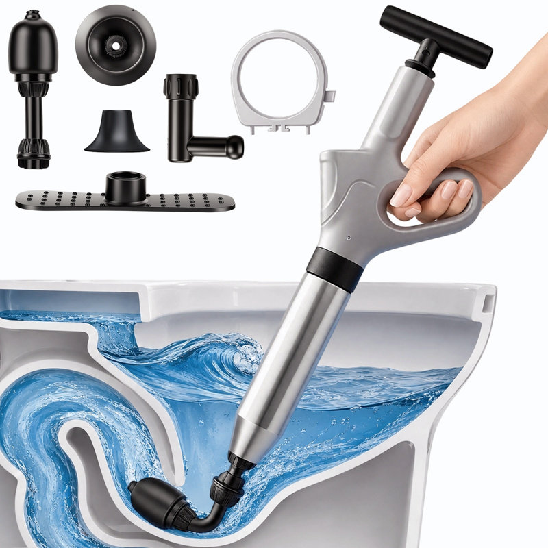 Déboucheur de toilettes haute pression avec manomètre, souffleur d'air comprimé robuste avec embouts interchangeables pour déboucher les toilettes, lavabos, douches et siphons de sol.