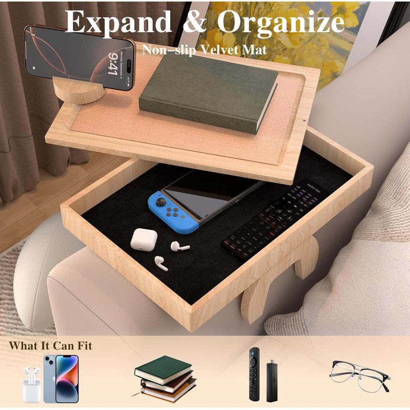 Bamboo Couch Arm Table With 360° Rotating Phone Holder & Hidden Storage Box,Non-Slip Sofa Arm Tray Fits Narrow And Sectional Sofa,Adjustable Armrest Tray Table For Couch